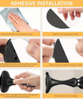 Adhesive installation steps for Heavy Hitter Magnetic Door Stops 2 Pack with wall cleaning and stick application.