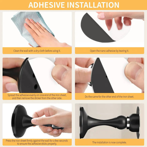 Adhesive installation steps for Heavy Hitter Magnetic Door Stops 2 Pack with wall cleaning and stick application.