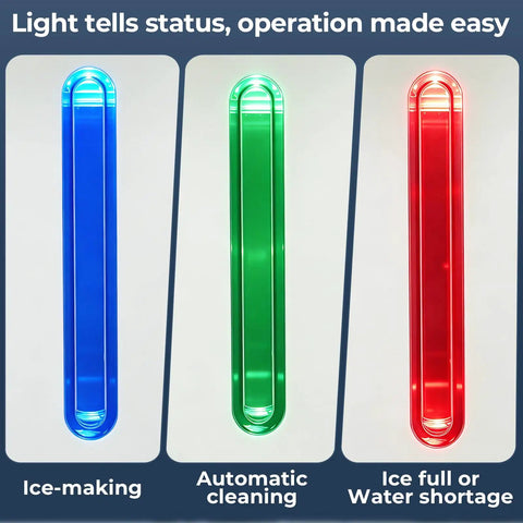 Status indicator lights for Heavy Duty Compact Nugget Ice Maker for Countertop. Shows ice-making, cleaning, and shortage alerts.