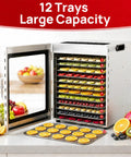 Top Shelf Heavy Duty 12 Tray Food Dehydrator With 800W Dual Fan And 48H Timer for drying fruit slices on stainless steel racks.