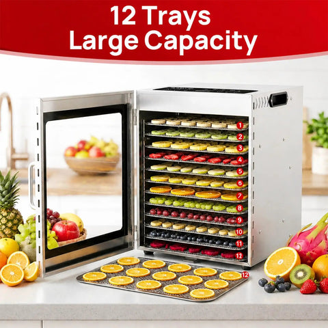 Top Shelf Heavy Duty 12 Tray Food Dehydrator With 800W Dual Fan And 48H Timer for drying fruit slices on stainless steel racks.