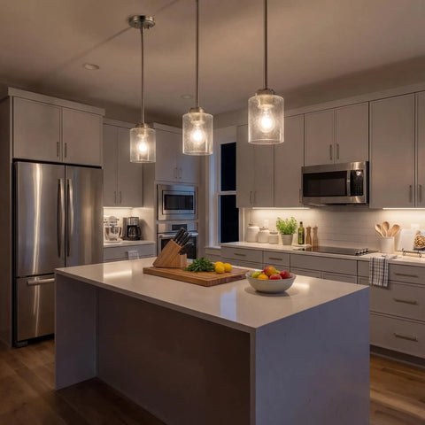 Kitchen with Winslow 7.5 Inch Mini Kitchen Pendant Light with Clear Seeded Glass in Brushed Nickel over island