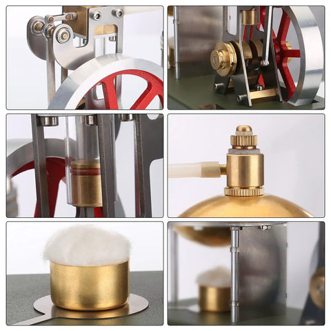 Hands On Steam Engine Kit For Makers Retro Vertical Metal Engine With Spherical Boiler details and components close-up