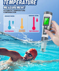 All In One Digital PH Meter With TDS And Temperature Readings for Accurate 0 to 14 PH being used near a swimmer in a pool
