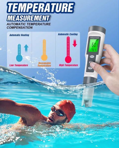 All In One Digital PH Meter With TDS And Temperature Readings for Accurate 0 to 14 PH being used near a swimmer in a pool