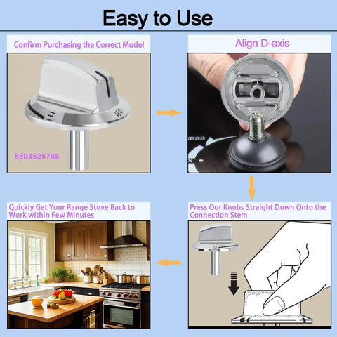 Instructional steps for Long Stem Stove Knob Replacements For Frigidaire Gas Range Oven Knobs 5304525746 Replacement Part 5304504839