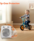 Portable 1500W Space Heater With Adjustable Thermostat And Overheat Protection next to child on bike, illustrating tip-over protection.