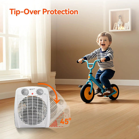 Portable 1500W Space Heater With Adjustable Thermostat And Overheat Protection next to child on bike, illustrating tip-over protection.