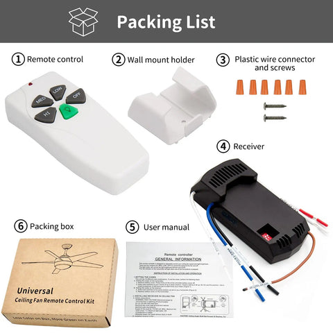 Universal Ceiling Fan Remote Control Kit with 3 Speed Fan and Light Dimmer Receiver FAN28R Replacement packing list