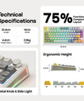 Top Shelf 75 Percent Wireless Mechanical Keyboard With Metal Volume Knob And Massive 8000 Mah Battery Triple Mode Sync showing dimensions and ergonomic layout.