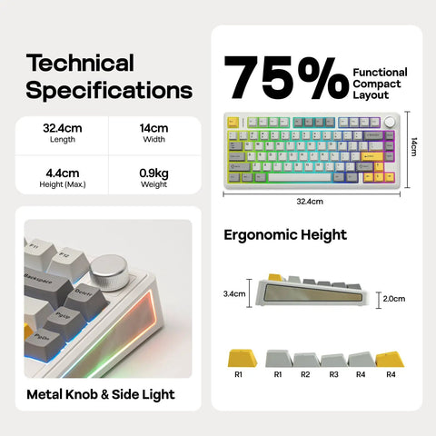 Top Shelf 75 Percent Wireless Mechanical Keyboard With Metal Volume Knob And Massive 8000 Mah Battery Triple Mode Sync showing dimensions and ergonomic layout.