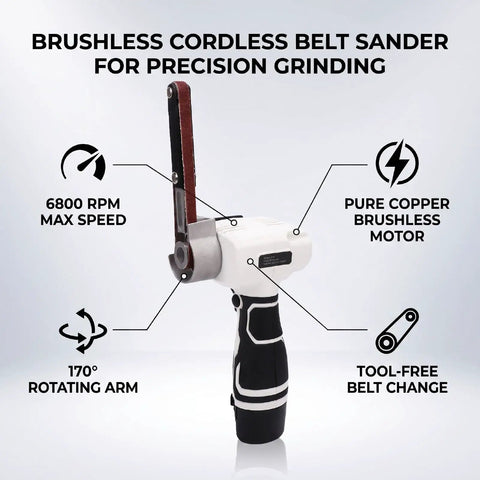 Badass Cordless Belt Sander With Brushless Motor And Rotating Head For Wood Or Sheet Metal Works Comes With Ten Spare Sanding Belts For Fast Polishing Jobs That Deliver Pro Level Finishes Without Killing Your Budget During Heavy Duty Material Prep, showcasing 6800 RPM max speed and 170° rotating arm.