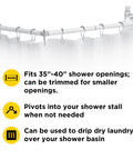 Extend A Shower RV Rod Hinged Folding Adjustable Shower Curtain Rod For RV And Camper Bathrooms Space Saving Satin Finish Fits 35 To 40 Inch Openings Included shown with text features.