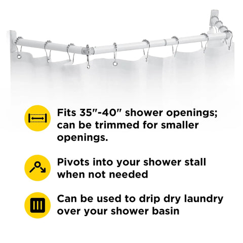 Extend A Shower RV Rod Hinged Folding Adjustable Shower Curtain Rod For RV And Camper Bathrooms Space Saving Satin Finish Fits 35 To 40 Inch Openings Included shown with text features.
