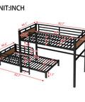 Detachable Twin XL Bunk Bed With Metal Guardrails In Walnut Finish, dimensions in inches, space saving convertible loft system