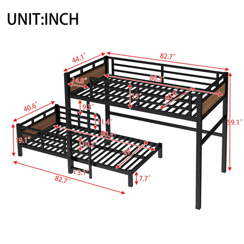 Detachable Twin XL Bunk Bed With Metal Guardrails In Walnut Finish, dimensions in inches, space saving convertible loft system