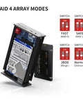 Rock Solid 2.5 Inch Dual Bay Hard Drive Enclosure USB 3.0 SATA HDD and SSD RAID Box showing RAID mode switches and connected drives.
