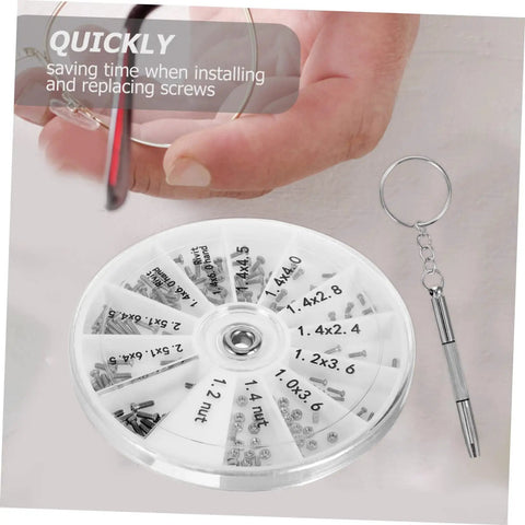 Eyeglass Repair Kit With Screws And Precision Screwdriver For Glasses Sunglasses And Watches The All In One Tool For Easy Quick Fixes At Home Or On The Go, showing circular compartment with screws, small screwdriver, and eyeglass repair.