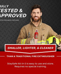 Real Deal Compact Fire Extinguishing Spray For Home And Vehicle Covers Ten Flame Types With Zero Sweat One Hand Operation and Smooth Non Toxic Bio Blend For Ultimate Peace Of Mind And Quick Suppression held by firefighter in uniform.
