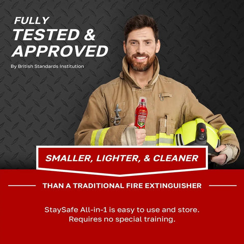 Real Deal Compact Fire Extinguishing Spray For Home And Vehicle Covers Ten Flame Types With Zero Sweat One Hand Operation and Smooth Non Toxic Bio Blend For Ultimate Peace Of Mind And Quick Suppression held by firefighter in uniform.