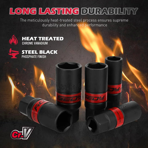 Close-up of heat treated black phosphate finish spark plug sockets from Eight Piece Three Eighths Inch Drive Set on fiery background.