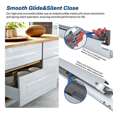 Diagram of undermount drawer slides with soft-close feature installed in a kitchen cabinet, highlighting smooth operation details.