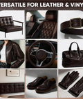 Easy Swipe Leather Recoloring Balm For Faded Leather Scratch Repair And Color Restore On Couches Car Seats Auto Interiors Vinyl And Furniture In One 10 Oz Dark Brown shown on various leather items like couch, car seat, belt, jacket, bag, shoes, and gloves.