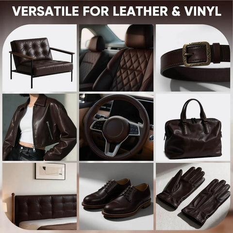 Easy Swipe Leather Recoloring Balm For Faded Leather Scratch Repair And Color Restore On Couches Car Seats Auto Interiors Vinyl And Furniture In One 10 Oz Dark Brown shown on various leather items like couch, car seat, belt, jacket, bag, shoes, and gloves.