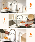 Two Handle Kitchen Faucet With Pull Down Sprayer And 24 Inch Hose Brushed Nickel 3 In 1 Water Filter Purifier in use modes