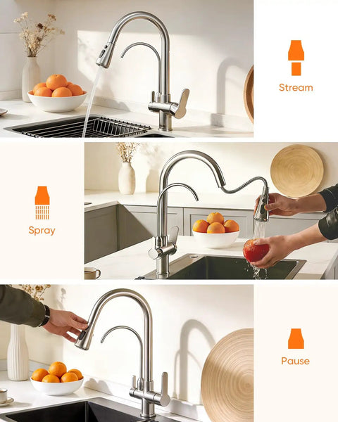Two Handle Kitchen Faucet With Pull Down Sprayer And 24 Inch Hose Brushed Nickel 3 In 1 Water Filter Purifier in use modes
