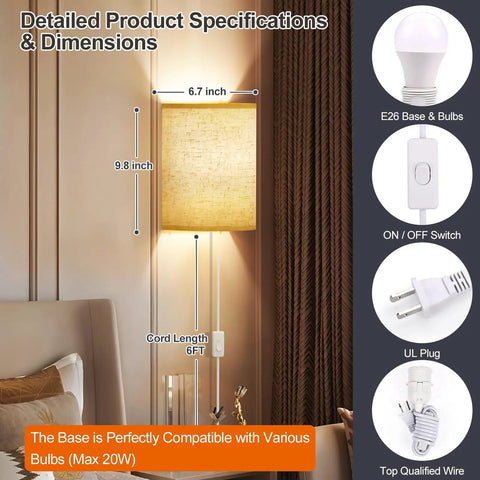 Plug In Wall Sconces Set Of Two With Three Adjustable Color Temperatures And Built In Switch, dimensions and features including height and cord length.