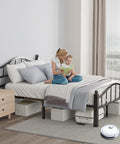 Rock Solid Full Size Metal Bed Frame With Headboard Heavy Duty Steel Squeak Free Design Noise Dampening Joints Supports 1500 Lbs Weight Capacity For Light Sleepers Home Decor with a mother reading to her child.