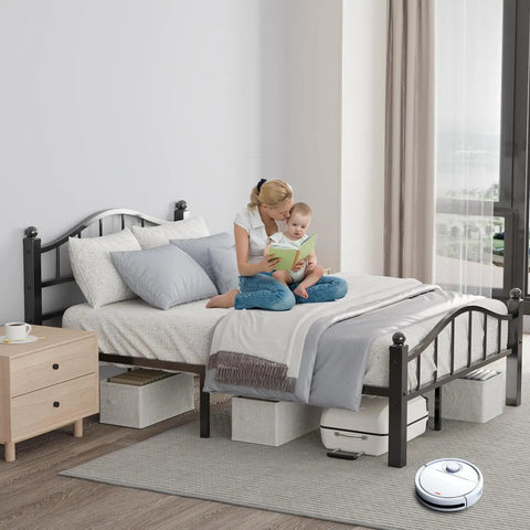 Rock Solid Full Size Metal Bed Frame With Headboard Heavy Duty Steel Squeak Free Design Noise Dampening Joints Supports 1500 Lbs Weight Capacity For Light Sleepers Home Decor with a mother reading to her child.