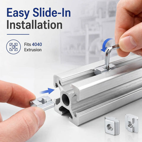 100 Piece Hella Tough 4040 Series Sliding T Nuts With Precision Metric M8 Threads For Smooth Gliding Action And Rock Solid Aluminum Extrusion Mounting On Your Setup in installation process on 4040 extrusion.