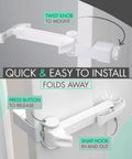 Adjustable Portable Door Lock With Heavy Duty Pet And Child Safety Latch showing installation step instructions, white plastic design.