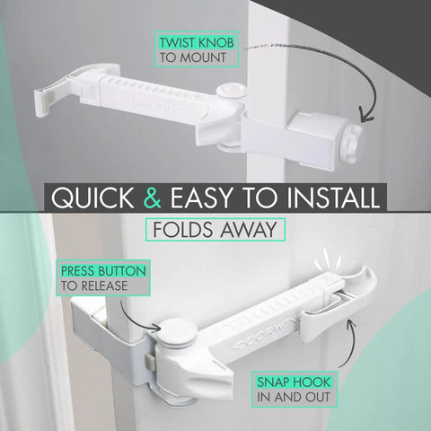 Adjustable Portable Door Lock With Heavy Duty Pet And Child Safety Latch showing installation step instructions, white plastic design.