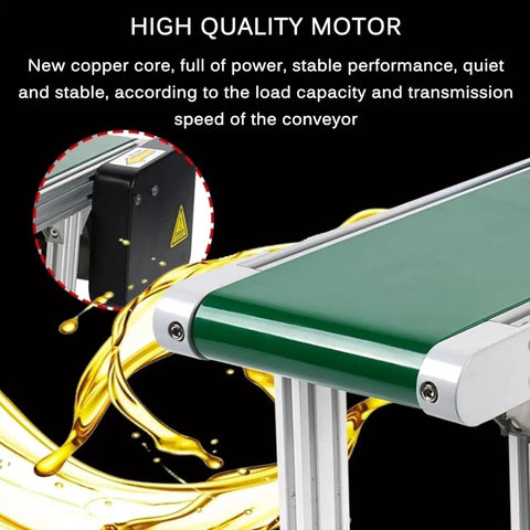 Compact Desktop Conveyor Belt With Adjustable Speed From 2m To 15m 100x20cm PVC Belt Mini Conveyor showcasing motor and belt