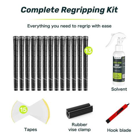 Spiral Wrap Golf Grips 13 Pack A50 Wrap Series Midsize High-Tack Rubber Grips complete regripping kit with tools and solvent