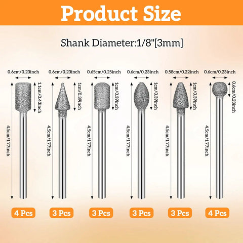 Assorted 120 Grit Diamond Grinder Bits For Rotary Tools With One Eighth Inch Shank, various sizes shown