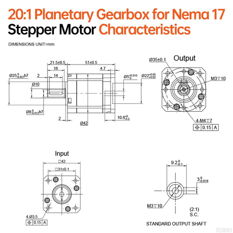 Technical drawing of 20:1 Planetary Gearbox for Nema 17 Stepper Motor, compact 42-51mm body, input shaft Ø5mm, output shaft Ø8mm