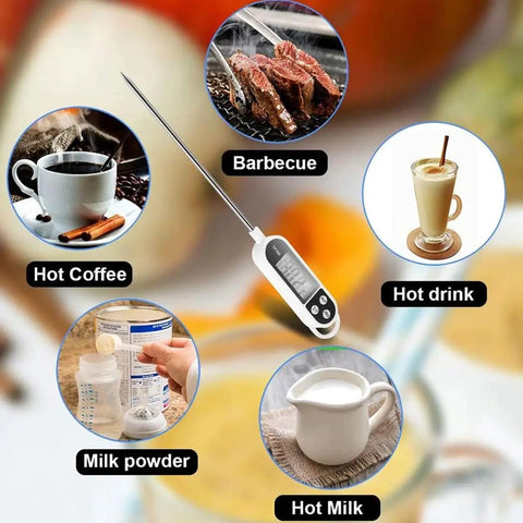 Digital Candy Thermometer Instant Read For Meat And Oil Frying with 9.4 Inch Probe shown with coffee, milk, and barbecue