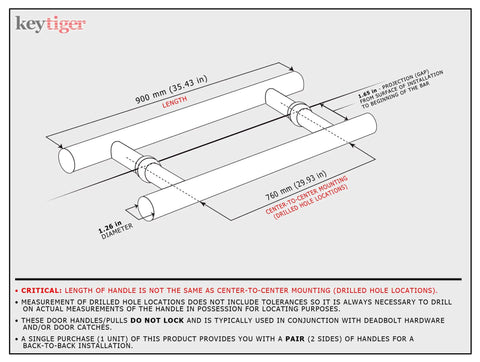 36-Inch Dope Modern Stainless Steel Door Handles In Brushed Nickel Finish With Solid Mounting Standoffs For Interior And Exterior Doors Push-Pull Door Bar For Commercial Or Barn Doors Round Shape dimension diagram, 35.43 in length