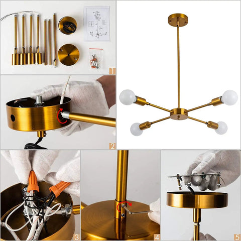 Assembly and parts of 4 Light Sputnik Chandelier With Rotatable Lamp Cups, Dope Modern Gold Bronze Pendant Lighting, Semi Flush Mount Ceiling Fixture