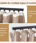 Ceiling Curtain Track System For Bedroom And Living Room, 6 To 9 Feet, Wall Or Ceiling Mounted Rail With Hooks And Easy Install, Black Finish, Snug Gap Free Fit With Embedded Screw Fixed Connector To Prevent Misalignment. shown with fabric-loop and grommet curtains