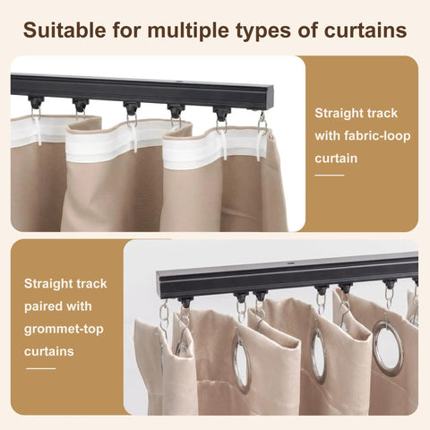 Ceiling Curtain Track System For Bedroom And Living Room, 6 To 9 Feet, Wall Or Ceiling Mounted Rail With Hooks And Easy Install, Black Finish, Snug Gap Free Fit With Embedded Screw Fixed Connector To Prevent Misalignment. shown with fabric-loop and grommet curtains