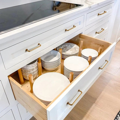 Open drawer with Six Pack Dope Antique Brass Cabinet Handles Set, 7.56 Inch Center To Center Drawer Pulls on white cabinets