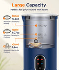 No Fuss Electric Automatic Milk Frother With Quiet Mute Mode 300ml Capacity Overheat Protection 4 In 1 shown with capacity levels