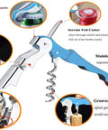 Pro Grade All In One Waiter Corkscrew Set with heavy duty stainless steel wine opener, foil cutter, and beer opener details.