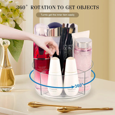 360 Degree Rotating Makeup Organizer For Vanity And Countertop, clear acrylic cosmetic display with five compartments