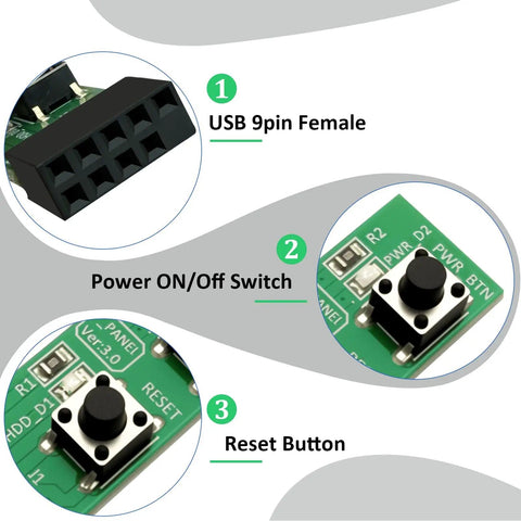 9 Pin Reset And Power Switch Board Adapter For Desktop PC Motherboard with USB 9pin female, power on/off switch, and reset button